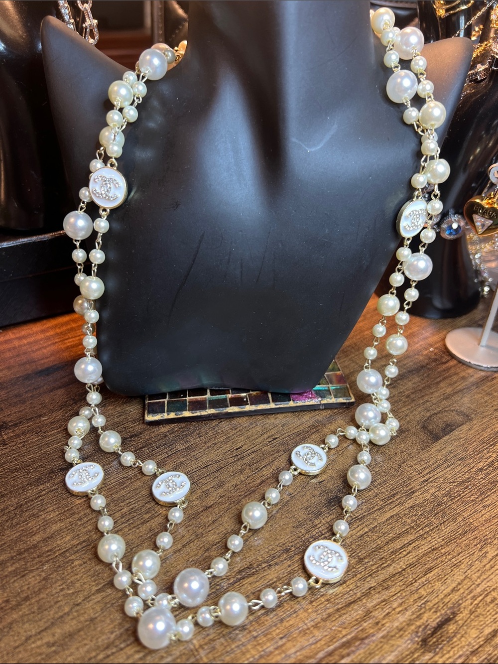 Long Pearl Necklace with Gold and Crystal Accents - Ivory